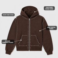 Sweat-shirts personnalisés marron pour hommes en molleton de coton épais, cloutés, coupe oversize, avec fermeture éclair intégrale et poches kangourou, pour un style streetwear décontracté