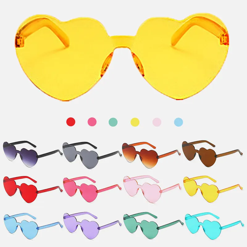 Promotion Transparent Candy Color Eyewear Frameless Party Glasses Heart Shaped Oversized Rimless Sunglasses custom logo
