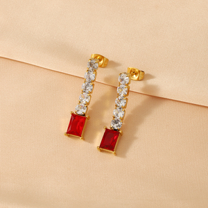 أقراط عصرية مطلية بالذهب عيار 18 من الفولاذ المقاوم للصدأ ، أقراط فاخرة مربعة من الياقوت والزمرد والشرابة قطرة ماء من الزركون - Product Image 6