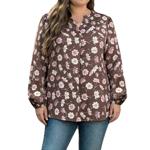 Hochwertige Plus-Size-Oberteile mit Blumenmuster, V-Ausschnitt, langen Ärmeln, Falten-Design, elegante Damenbluse für den Alltag, Größen 1XL-<span class=keywords><strong>5XL</strong></span> - Product Image 6