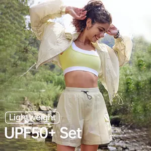 SHINBENE 2pcs女式UPF 50 + 防晒作物夹克和短裤套装拉链健身连帽衫短裤套装