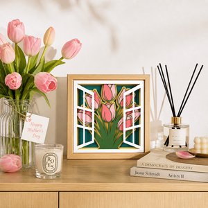 Décoration Murale en Papier Découpé Superposé avec Cadre en Bois, Motif Floral et Scène de Fenêtre Tulipe, Artisanat Fait Main pour Décoration Intérieure Moderne - Product Image 3