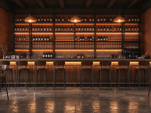 Conception d'intérieur de restaurant moderne sur mesure avec comptoir de bar en bois et meuble de présentation de desserts - Product Image 1