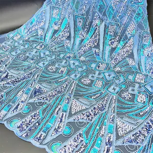 Новая синяя фиолетовая вышитая ткань с блестками от производителя, Китай, оптовая продажа, индийская вышитая ткань для платья