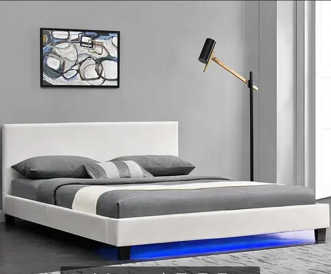 Meuble de chambre à coucher en cuir blanc, lit moderne, avec LED, grande taille, emballé dans une boîte