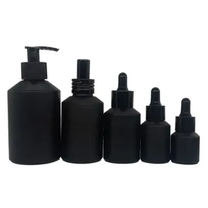 高品质黑色玻璃瓶15-200毫升化妆品瓶，带滴泵头，用于化妆品包装