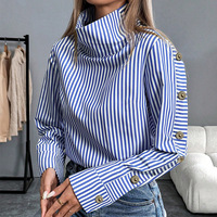 Blus Wanita Kasual Elegan Model Longgar Kancing Atas Kerah Tinggi Motif Garis Vertikal Biru Putih