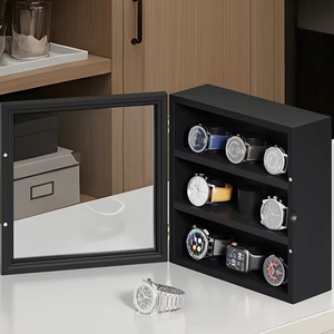 Vitrine de présentation en bois <span class=keywords><strong>noir</strong></span> et blanc à 9 emplacements avec doublure en velours pour collection de montres pour hommes, cadre type boîte à ombre - Product Image 1