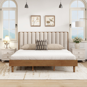 King Size Solid Wood <b>Bed</b> with Piano Key Upholstered Headboard Durable <b>Pine</b> <b>Frame</b> Wheat Finish Modern Bedroom Furniture - Product Image 2