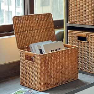 Wicker Laundry Basket Rectangle With Lid Dustproof Clothing Organizer <b>Storage</b> <b>Bin</b> For Home Closet Use - Product Image 1