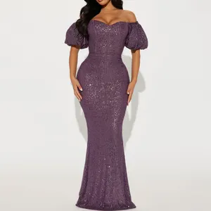 Puff Sleeves Purple Evening Dresses Plus Size Mermaid Dresses Sequin Formal Long Gown Modest Evening Dresses Women Lady Elegant