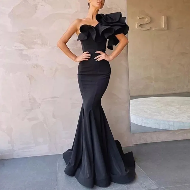Macting Sexy Satin One-Shoulder Mermaid Evening Dress Ruffles Short Sleeve Backless Long Prom Gown For Women Formal Simple