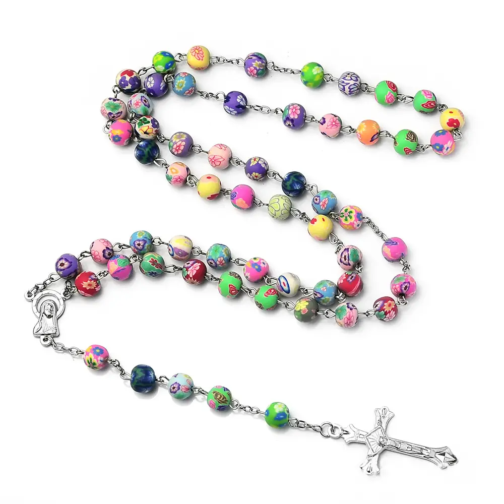 New Polymer Clay Bead Rosary Long Necklace Alloy Cross Virgin Christian Catholic Jewelry Rosary Alone for Women