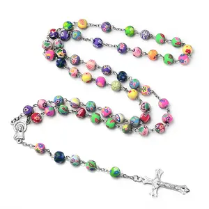 新的聚合物粘土珠念珠玫瑰项链合金交叉处女基督教天主教珠宝念珠单独用于女性