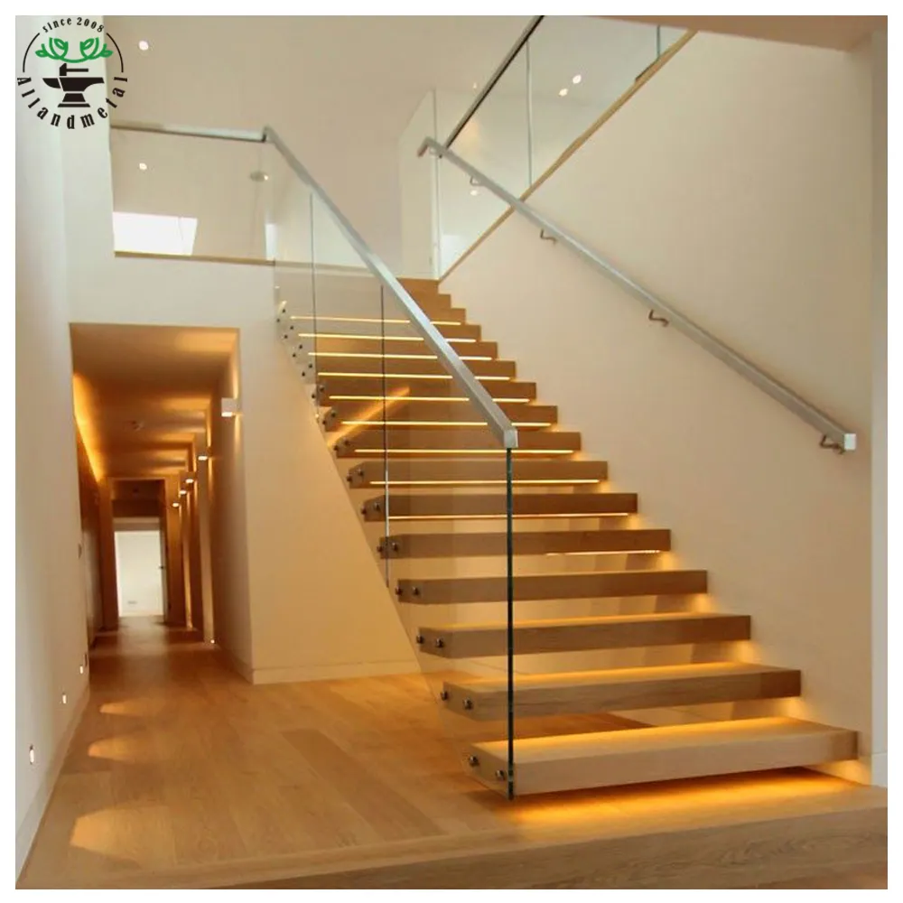 מזג זכוכית מעקה led אור לדרוך צף ישר מדרגות עץ שרשראות פנים מדרגות