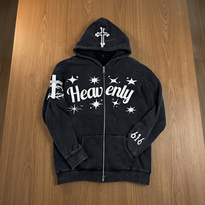 Heavenly Zip-Up Hoodie <b>Men's</b> <b>Black</b> Fleece Streetwear Oversized Hooded <b>Sweatshirt</b> with Cross and Star Print - Product Image 2