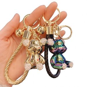 Fashion Cartoon Cute Electroplated Bear Doll 3D Teddy Bear Keychain Leather <b>Rope</b> Wristband Cute Bear Key Chain Bag Charm Pendant - Product Image 1