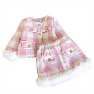 Ensemble Luxe Hiver Veste-Jupe Rose Uni pour Filles, Costume en Coton à Carreaux avec Fourrure, Style Décontracté, Nouvelle Marque Vêtements pour Filles - Product Image 1