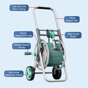 Carrello Avvolgitubo con Guida e Sistema di Riavvolgimento, Carrello Portatile in Metallo con Ruote Grandi <span class=keywords><strong>per</strong></span> Irrigazione Giardino e Prato - Product Image 3