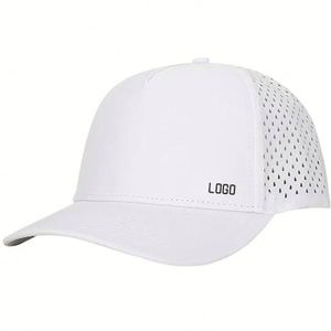 Casquette de baseball 5 panneaux personnalisée avec logo, en polyester imperméable, visière incurvée, trous découpés au laser, pour le sport et l'extérieur - Product Image 4