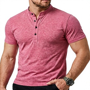 Men's Stand Collar Short Sleeve Knitted T-Shirt Slim Fit Solid Color Casual Regular Length Pink Summer 200 Grams Breathable - Product Image 1