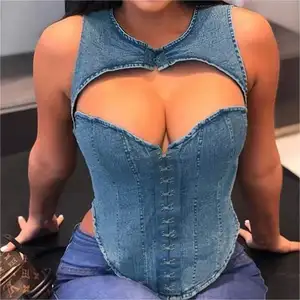 Sexy Women's Fashion Trend Y2k Customized Bra Open Button Women's Summer Hollow Slim Denim Corset Short Tube Top