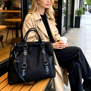 Sac à bandoulière en cuir véritable et maille noire pour femme, fermeture à cordon, grande capacité, en tissu nylon, fermeture éclair en maille, sac de voyage décontracté - Product Image 1