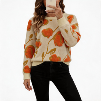 Pull à col rond pour femme, motif floral floqué, en maille douce, épaules tombantes, style rétro campagnard, manches longues, automne