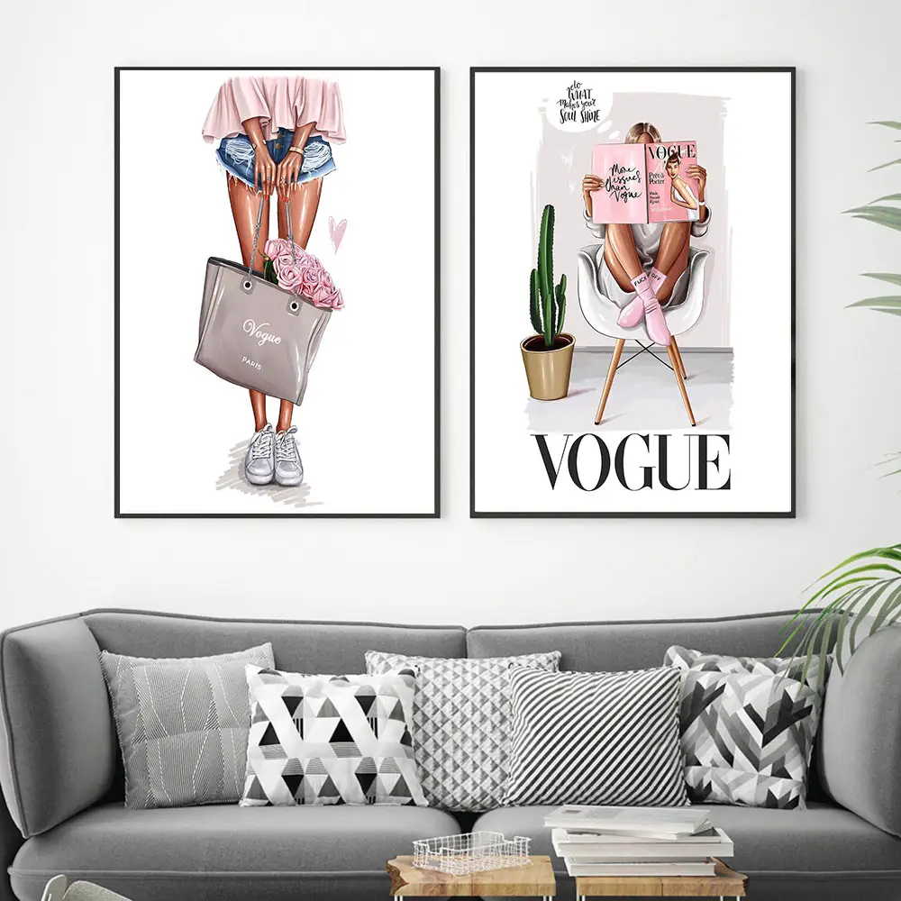 Nordic Wall Art Canvas Poster Print Fashion Girl with Bag Girl Painting Decoration Picture
