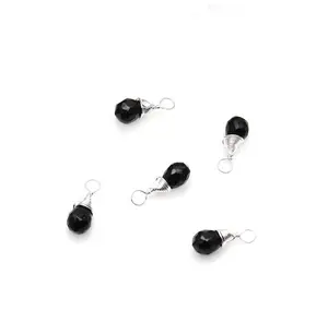 Wire Wrap Silver Plated 7x5 MM Black Onyx Gemstone Briolette Drop Charm Connector