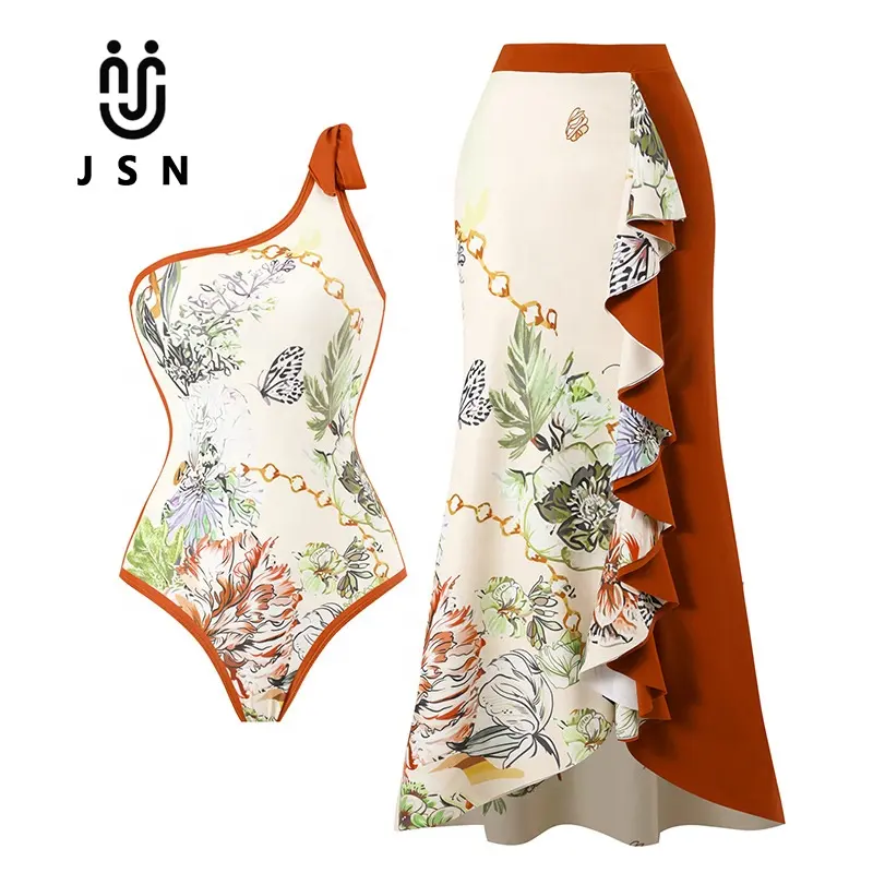 JSN High quality swim suit one shoulder swim wear women elegant print swimwear with long skirt