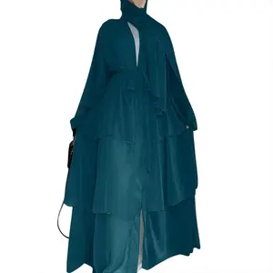 Dubai Turkey Arab Oman Elegant Chiffon Kimono for Women Muslim Solid Color 3 Layers Open Islamic Clothing Muslim Dresses Abaya
