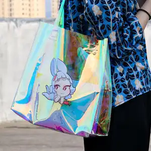 Low Price Custom Printing PVC Trendy Tote Handbag Holographic Plastic Shoulder Shopping Bag For Book Clothings Cosmetic