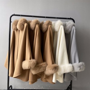 Jxwatcher Ladies Design Double Face Wool <strong>Cape</strong> Cloak <strong>Coat</strong> with Fur Wholesale Brown Ladies Real Fox Fur Trim Cashmere <strong>Cape</strong> <strong>Women</strong> - Product Image 5