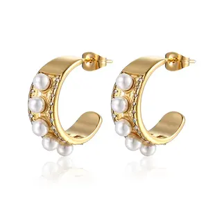 2022 New Trendy Non Tarnish Free Waterproof Jewelry Wholesale Stainless Steel 18K Gold Plated Pearl Hoop Earrings