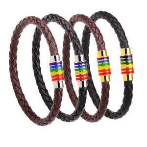 Pulsera de cuero sintético tejido con hebilla de cobre para Gay, brazalete colorido con hebilla de color arcoíris