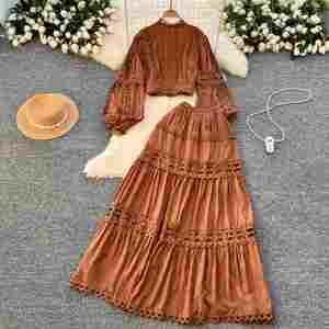Conjunto Casual de Otoño de 2 Piezas para Mujer, Top Corto con Mangas Farol y Falda de Cintura Alta con Parches de Encaje, Ropa Americana al por Mayor - Product Image 4