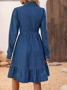 Vestido Camisero Vaquero Vintage 2026 con Cintura Ajustada, Cuello Camisero, Mangas Largas, Dobladillo con Volantes <span class=keywords><strong>y</strong></span> Estilo Casual para Mujer - Product Image 3