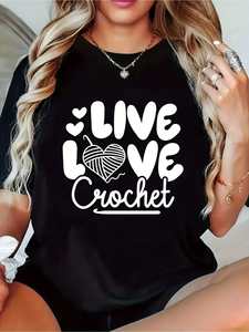 T-shirt girocollo da donna Live Love Crochet, estiva, casual, a maniche corte, 100% cotone jersey, con stampa a lettere, design San Valentino - Product Image 3