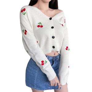 2025 femmes décontracté hiver court tricoté pull manteau nouveau cerise brodé simple boutonnage coupe ample - Product Image 2