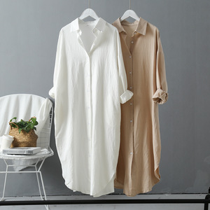 Nouveau coton lin couleur unie hauts femmes à manches longues lâche <span class=keywords><strong>chemise</strong></span> robes - Product Image 4