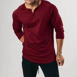 Camiseta Henley Vintage Color Vino Tinto, Manga Larga, Color Sólido, Deportiva, Fitness, Algodón Puro, Elástica, Cuello en V - Product Image 2