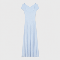Robe en tricot côtelé bleu clair pour femme, col carré, manches courtes, longueur midi, vente en gros, marque privée