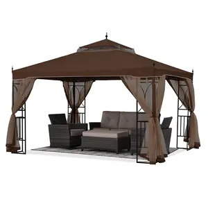 3x3.5m Outdoor Gazebo Tent Pop Up Luxury Garden Gazebo With Mosquito Netting Brown