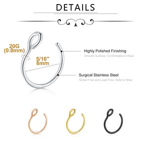 20 Anillos de Nariz Falsos de Acero Inoxidable, Clip para Mujeres y Hombres, Anillos de <span class=keywords><strong>Labio</strong></span> Sin Perforación, 20G 8mm, Dorado, Negro, Oro Rosa, Joyería <span class=keywords><strong>en</strong></span> Caja - Product Image 3