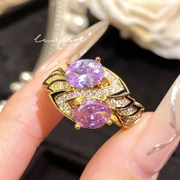 Vente directe, bague de luxe pour femme, style rétro français, avec deux pierres en diamant rose et violet, bijou coloré de luxe léger