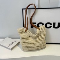 Sac de plage décontracté en coton tissé ajouré à fermeture éclair, petit format, style décontracté, pour femme, idéal pour les vacances à la mer