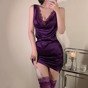 Hot Sale <b>Women's</b> Lace V-Neck Silk Stain Pajamas Sexy Full <b>Slips</b> Sleepwear Dress Thin Nightdress Pajamas - Product Image 6