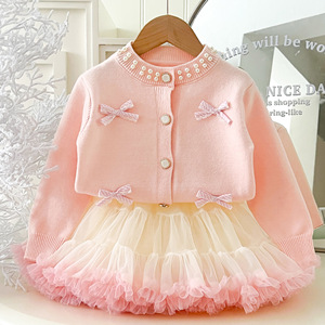 Cardigan Casual <span class=keywords><strong>in</strong></span> Pizzo Lavorato a Mano con Fiocco Piccolo e Gonna Tutu <span class=keywords><strong>in</strong></span> <span class=keywords><strong>Tulle</strong></span>, Set Due Pezzi Autunno Inverno per Bambine - Product Image 6
