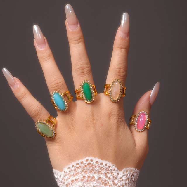 French Retro Court Design 3A Zircon Inlaid Natural Stone Multi Color Open Ring 18K Real Gold   Plated  Adjustable Finger Rings